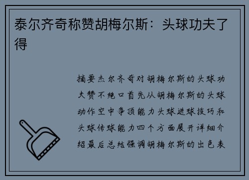泰尔齐奇称赞胡梅尔斯：头球功夫了得